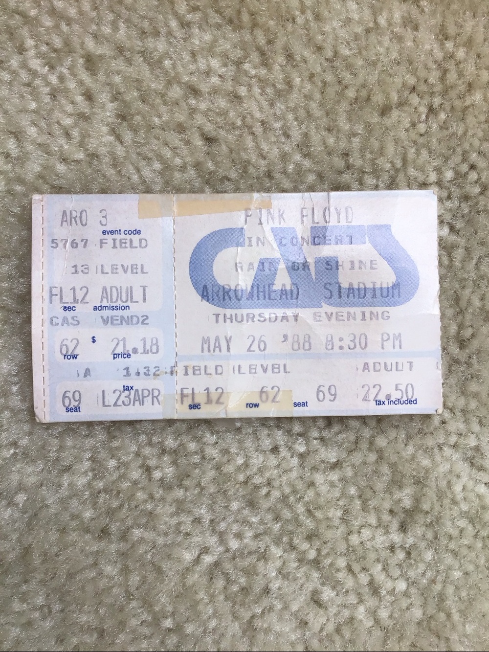 Vintage Rock Memorabilia Pink Floyd Concert Ticket Stub, 1988